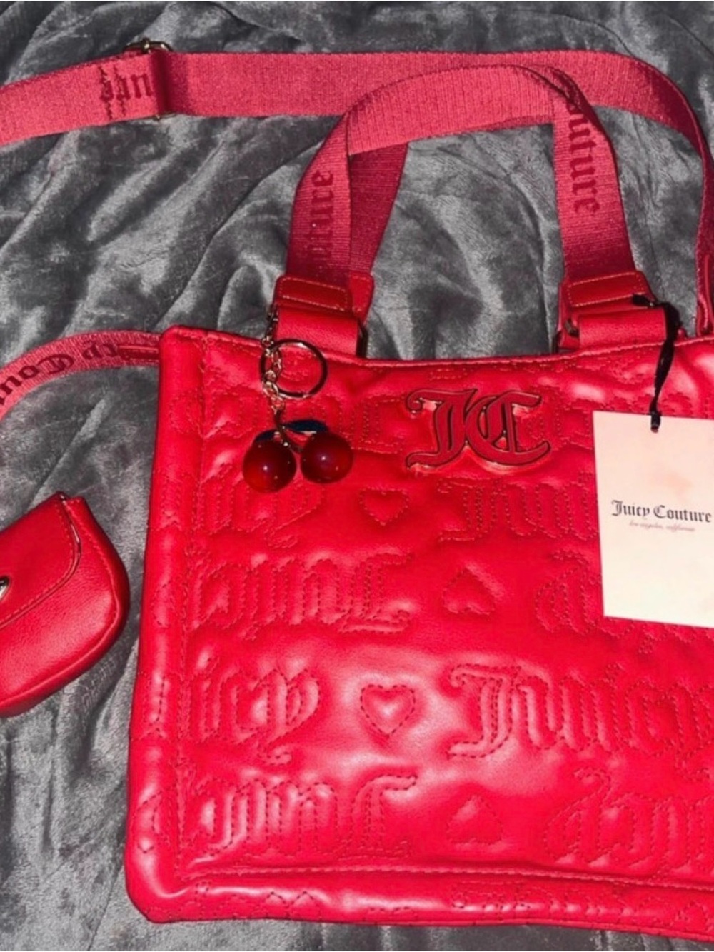 Juicy Couture Bright Red Quilted Logo Shoulder Bag with Cherry Charm